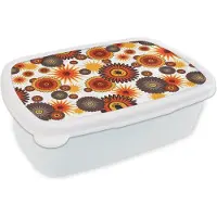 MuchoWow Broodtrommel Wit - Lunchbox Design - Retro - Oranje - Bloemen - Brooddoos 18x12x6 cm - Brood lunch box - Broodtrommels voor kinderen en volwassenen