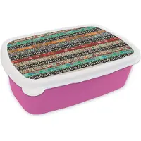 MuchoWow Broodtrommel Roze - Lunchbox - Brooddoos - Patroon - Azteken - Symbolen - Regenboog - 18x12x6 cm - Kinderen - Meisje