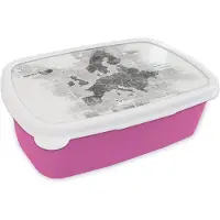 MuchoWow Broodtrommel Roze - Lunchbox - Brooddoos - Europakaart op krantenpapier - zwart wit - 18x12x6 cm - Kinderen - Meisje