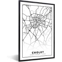 PosterMonkey Fotolijst incl. Poster Zwart Wit- Kaart - Plattegrond - Frankrijk - Cholet - Stadskaart - Zwart wit - 60x90 cm - Posterlijst
