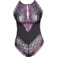 Cottelli Plus Size - bloemen body - zwart/paars - 3XL