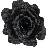 Cosy & Trendy 2x stuks kerstboom decoratie bloemen roos zwart glitter op clip 10 cm - Kersthangers