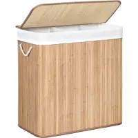 Songmics Wasmand met 3 secties, clip-on deksel en handvaten, 150L opvouwbaar, voor wasruimte, slaapkamer, badkamer, Natural LCB091N01