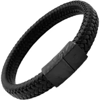Rhylane – Gevlochten Heren Armband - Leer & Staal – Zwart – Maat XL (22 cm)