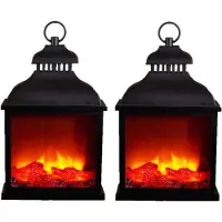 Anna's Collection 2x stuks sfeerhaarden/open haard lantaarns zwart met led verlichting L25 x B15 x H42,5 cm - Lantaarns