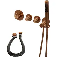 Brauer Copper Edition thermostatische inbouw badkraan SET 01 met badvulcombinatie en staaf handdouche en doucheslang en wandaansluitbocht koper geborsteld PVD