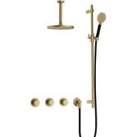 Hotbath Cobber IBS70 inbouw regendoucheset met ronde handdouche aan glijstang en 20cm ronde hoofddouche aan 15cm plafondarm geborsteld messing