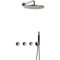 Hotbath Cobber IBS70 inbouw regendoucheset met staafhanddouche aan houder en 30cm ronde hoofddouche aan 40cm wandarm geborsteld nikkel
