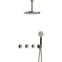 Hotbath Cobber IBS70 inbouw regendoucheset met ronde handdouche aan houder en 30cm ronde hoofddouche aan 15cm plafondarm geborsteld nikkel