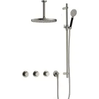 Hotbath Cobber IBS70 inbouw regendoucheset met ronde handdouche aan houder en 30cm ronde hoofddouche aan 15cm plafondarm geborsteld nikkel