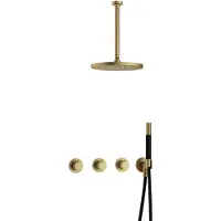 Hotbath Cobber IBS70 inbouw regendoucheset met staafhanddouche aan houder en 30cm ronde hoofddouche aan 30cm plafondarm geborsteld messing