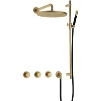 Hotbath Cobber IBS70 inbouw regendoucheset met staafhanddouche aan glijstang en 30cm ronde hoofddouche aan 40cm wandarm geborsteld messing