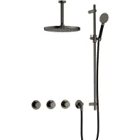 Hotbath Cobber IBS70 inbouw regendoucheset met ronde handdouche aan houder en 30cm ronde hoofddouche aan 15cm plafondarm verouderd ijzer