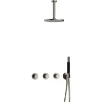 Hotbath Cobber IBS70 inbouw regendoucheset met staafhanddouche aan houder en 20cm ronde hoofddouche aan 15cm plafondarm geborsteld nikkel