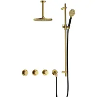 Hotbath Cobber IBS70 inbouw regendoucheset met ronde handdouche aan glijstang en 20cm ronde hoofddouche aan 15cm plafondarm geborsteld messing PVD