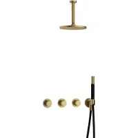 Hotbath Cobber IBS70 inbouw regendoucheset met staafhanddouche aan houder en 20cm ronde hoofddouche aan 15cm plafondarm geborsteld messing
