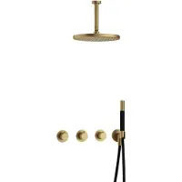 Hotbath Cobber IBS70 inbouw regendoucheset met staafhanddouche aan houder en 30cm ronde hoofddouche aan 15cm plafondarm geborsteld messing
