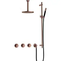 Hotbath Cobber IBS70 inbouw regendoucheset met staafhanddouche aan glijstang en 20cm ronde hoofddouche aan 15cm plafondarm geborsteld koper PVD