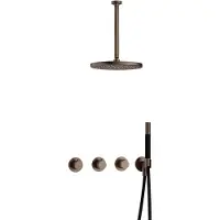 Hotbath Cobber IBS70 inbouw regendoucheset met staafhanddouche aan houder en 30cm ronde hoofddouche aan 30cm plafondarm verouderd messing