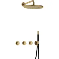 Hotbath Cobber IBS70 inbouw regendoucheset met staafhanddouche aan houder en 30cm ronde hoofddouche aan 40cm wandarm geborsteld messing