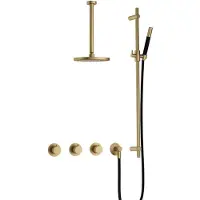Hotbath Cobber IBS70 inbouw regendoucheset met staafhanddouche aan glijstang en 20cm ronde hoofddouche aan 30cm plafondarm geborsteld messing