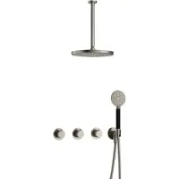 Hotbath Cobber IBS70 inbouw regendoucheset met ronde handdouche aan houder en 30cm ronde hoofddouche aan 30cm plafondarm geborsteld nikkel