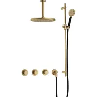 Hotbath Cobber IBS70 inbouwdouche met ronde handdouche, 15cm plafondbuis, 30cm hoofddouche en glijstang geborsteld messing
