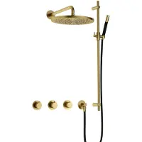 Hotbath Cobber IBS70 inbouw regendoucheset met staafhanddouche aan glijstang en 30cm ronde hoofddouche aan 40cm wandarm geborsteld messing PVD