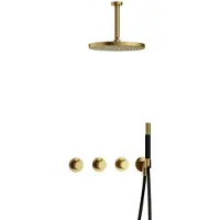 Hotbath Cobber IBS70 inbouw regendoucheset met staafhanddouche aan houder en 30cm ronde hoofddouche aan 15cm plafondarm geborsteld messing PVD