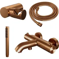 Brauer Copper Edition opbouw baddouche thermostaatkraan SET 03 met wandhouder en staaf handdouche en doucheslang koper geborsteld PVD