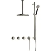Hotbath Cobber X IBSX70 inbouw regendoucheset met ronde handdouche aan glijstang en 30cm ronde hoofddouche aan 30cm plafondarm geborsteld nikkel
