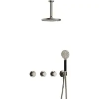 Hotbath Cobber X IBSX70 inbouw regendoucheset met ronde handdouche aan houder en 20cm ronde hoofddouche aan 15cm plafondarm geborsteld nikkel