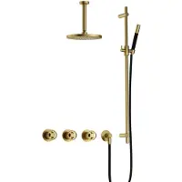 Hotbath Cobber @Work IBSW70 inbouw regendoucheset met staafhanddouche aan glijstang en 20cm ronde hoofddouche aan 15cm plafondarm geborsteld messing P