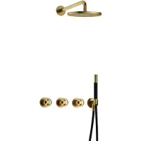 Hotbath Cobber @Work IBSW70 inbouw regendoucheset met staafhanddouche aan houder en 20cm ronde hoofddouche aan 40cm wandarm geborsteld messing PVD