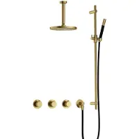 Hotbath Cobber X IBSX70 inbouw regendoucheset met staafhanddouche aan glijstang en 20cm ronde hoofddouche aan 15cm plafondarm geborsteld messing PVD