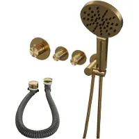 Brauer Gold Carving thermostatische inbouw badkraan SET 02 met badvulcombinatie en 3-standen handdouche en doucheslang en wandaansluitbocht goud geborsteld PVD