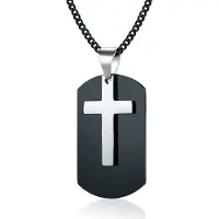 Mendes Heren SchakelKetting met Zwarte Dogtag Hanger Zilverkleurig Kruis