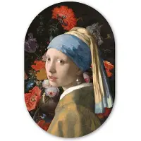 MuchoWow Muurovaal 60x90 cm - Ovale wanddecoratie Meisje met de parel - Johannes Vermeer - Bloemen - Ovalen schilderij - Muurdecoratie woonkamer - Kamer decoratie - Schilderijen - Wandcirkel