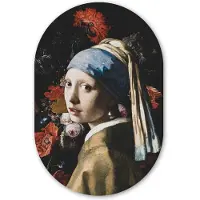 MuchoWow Muurovaal 40x60 cm - Ovale wanddecoratie Meisje met de parel - Johannes Vermeer - Bloemen - Rood - Ovalen schilderij - Muurdecoratie woonkamer - Kamer decoratie - Schilderijen - Wandcirkel