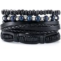 LGT JWLS Heren armbanden Set Zwart Leer blauwe kralen