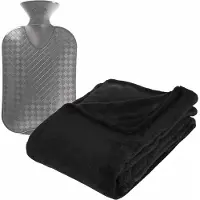 Atmosphera Fleece deken/plaid Zwart 130 x 180 cm en een warmwater kruik 2 liter - Plaids