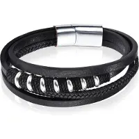 Mendes Leren armband RVS kralen Touw Zwart Zilverkleurig-22cm