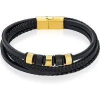 Mendes Leren Multi armband RVS kralen Zwart Goudkleurig-18.5cm