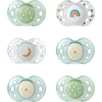 Tommee tippee Nachtfopspenen, 18-36 maanden, set van 6, glow in the dark, verschillende kleuren en designs, symmetrische en orthodontische fopspeen, BPA-vrije siliconen speen