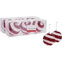 Home & Styling 6x stuks gedecoreerde kerstballen rood/wit kunststof diameter 8 cm - Kerstboom versiering