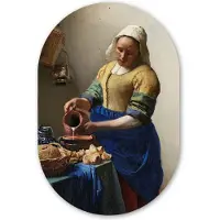 MuchoWow Muurovaal 80x120 cm - Ovale wanddecoratie Het melkmeisje - Schilderij van Johannes Vermeer - Ovalen schilderij - Muurdecoratie woonkamer - Kamer decoratie - Schilderijen - Wandcirkel