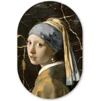 MuchoWow Muurovaal 60x90 cm - Ovale wanddecoratie Meisje met de parel - Johannes Vermeer - Goud - Ovalen schilderij - Muurdecoratie woonkamer - Kamer decoratie - Schilderijen - Wandcirkel