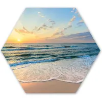 MuchoWow Hexagon wanddecoratie - Kunststof Wanddecoratie - Hexagon Schilderij - Strand - Zee - Zonsondergang - Golf - 75x65 cm