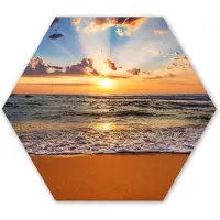 MuchoWow Hexagon wanddecoratie - Kunststof Wanddecoratie - Hexagon Schilderij - Strand - Zonsondergang - Zee - Wolken - Horizon - 75x65 cm