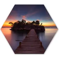 MuchoWow Hexagon wanddecoratie - Kunststof Wanddecoratie - Hexagon Schilderij - Zonsondergang - Brug - Bomen - Water - Eiland - 75x65 cm